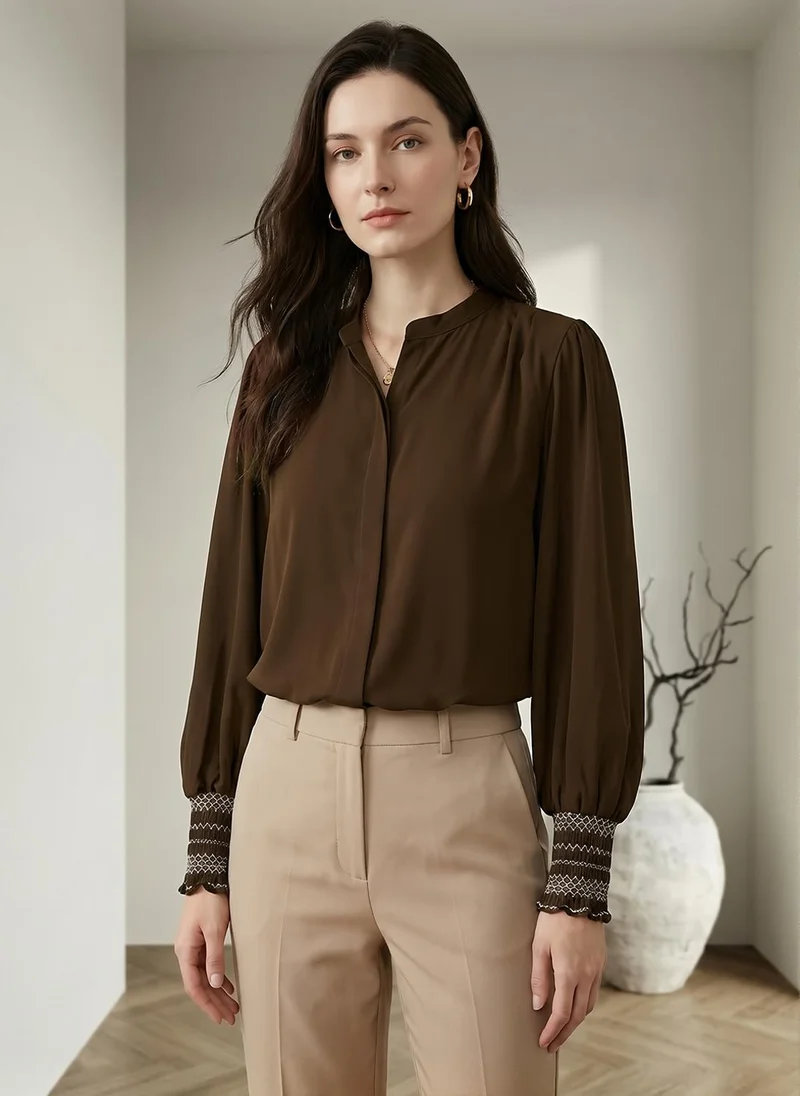 جلو باص Globus Women Brown Mandarin Collar Elasticated Emboridered Sleeve Relaxed Fit Straight Hem Shirt